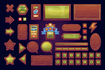 Wood game interface. Gui buttons board panels wooden texture, 2d video game ui assets menu kit elements signs medieval fantasy mobile gaming app, cartoon swanky vector illustration © ssstocker