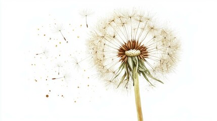 Fototapeta premium Fragile dandelion seedhead with airborne seeds blowing in gentle breeze on white backdrop