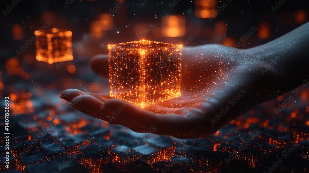 Poster a hand manipulating floating 3d cubes in a digital network symbolizing technology innovation and data manipulation this image represents the of digital transformation,stock photo