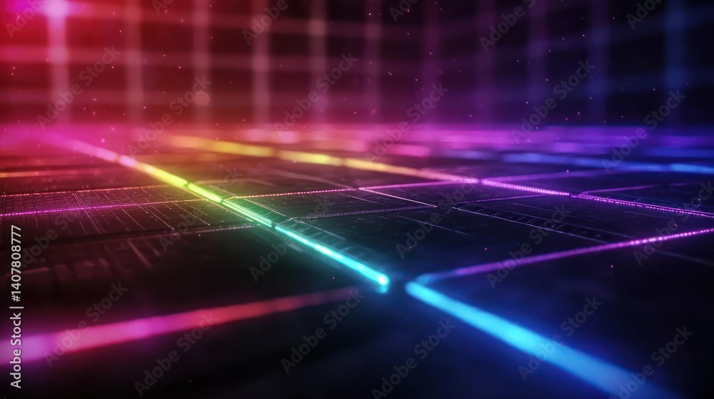 Poster futuristic grid network with vibrant neon lines in a dark room