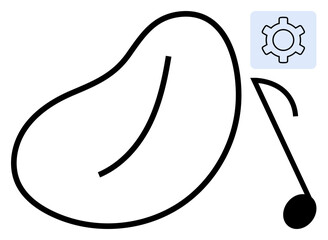 Simplistic artwork of a bean-shaped contour, curved line with a dot, and gear icon. Ideal for innovation, manufacturing, process, minimal art, agriculture, design development simple landing page