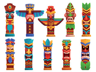 Cartoon tiki totems. Polynesian tribal mask hawaiian totem pole tikis symbols, american indian god wood statue native canada alaska african tribe face tidy vector illustration