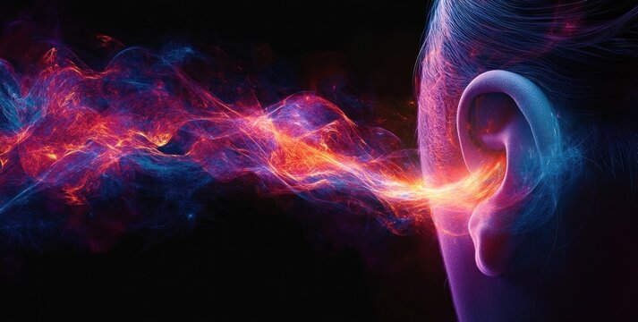 Visualizing Sound Waves Through an Ear in Vibrant Colors for Healing and Meditation