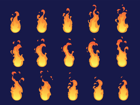 Fire sprite sheet. Flame pillar animation, glow burn campfire animated loop 2d video game blaze fx effect sequence frame red spark exhaust bonfire motion, tidy vector illustration