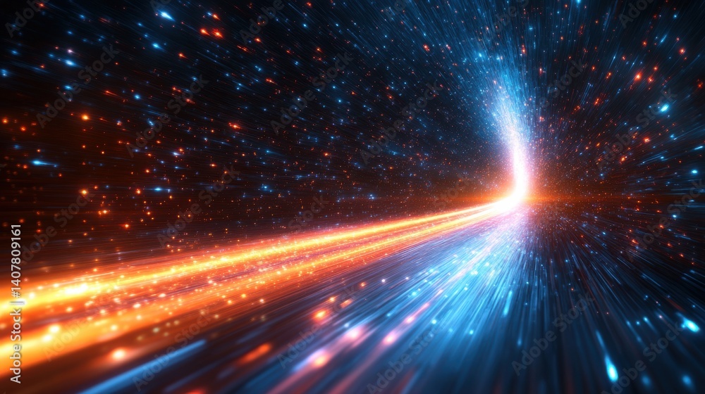 Poster a high speed space featuring accelerated motion blur of light rays in a dynamic abstract design symbolizing technological advancement and futuristic science with a modern minimalistic,stock photo