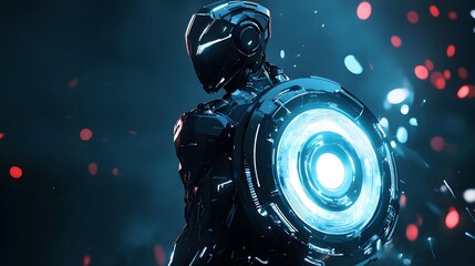 Fototapeta premium Cybernetic Guardian: A sleek, futuristic robotic figure, clad in shimmering black armor, stands poised and vigilant. The luminous blue glow of its energy shield pulsates in a mesmerizing dance. 