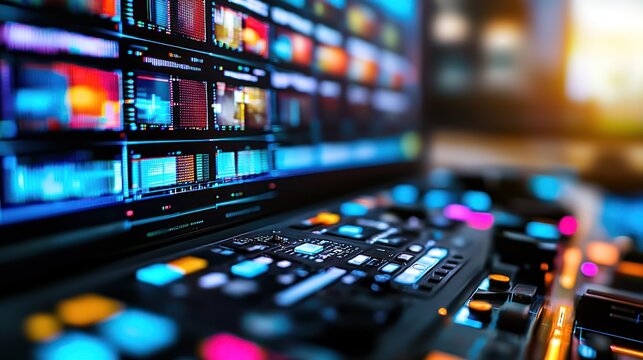 Editing workstation with multiple video screens in a professional studio