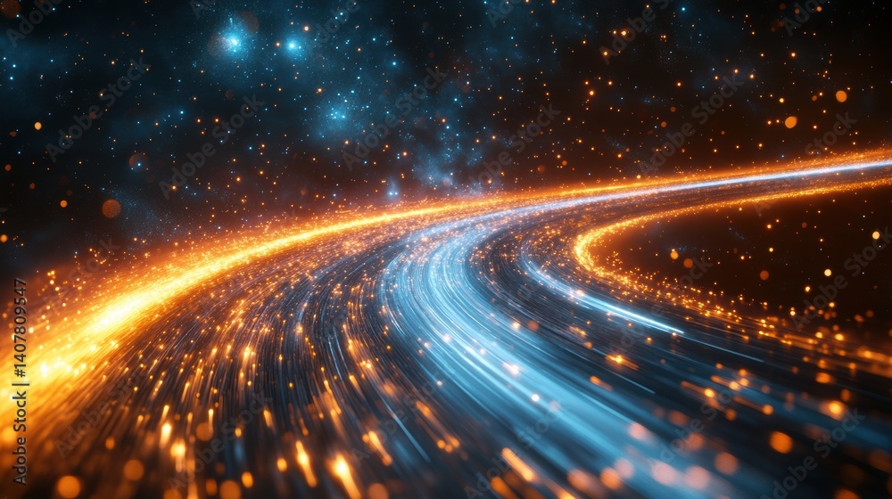 Poster a high speed space featuring accelerated motion blur of light rays in a dynamic abstract design symbolizing technological advancement and futuristic science with a modern minimalistic,stock image