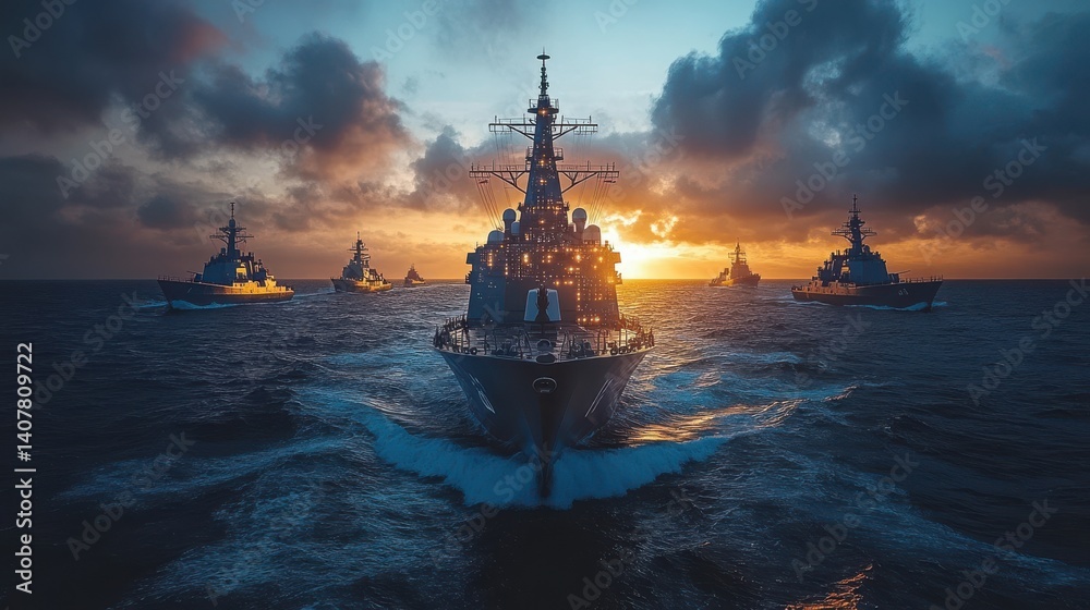 Poster a high tech naval showing a digital network overlay on the ocean with warships silhouetted against t