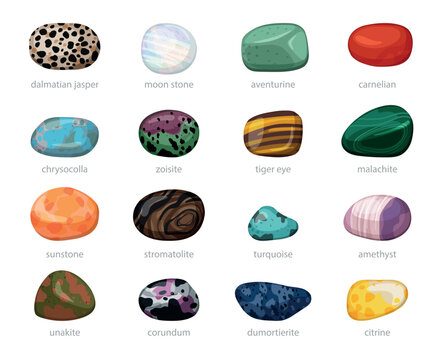 Colorful mineral stones collection, isolated semi precious gemstones set, vector illustration