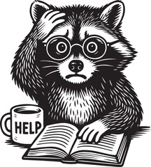 funny raccoon with glasses and book