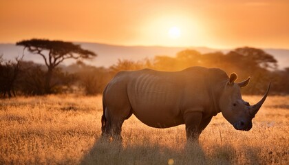 Obraz premium a large african rhinoceros rhinoceros africanus stands majestically in the savanna during sunrise the image is rendered with photo realistic artistry