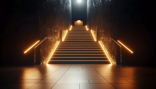 A long and dark stairs with illuminating lights surrounding going up towards an opening to the next level; a dark ominous stairs case to the top; success and hardship; climb to the top; modern stairs 