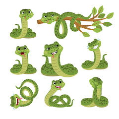Obraz premium Set of funny cartoon happy smiling snakes characters, isolated vector illustration