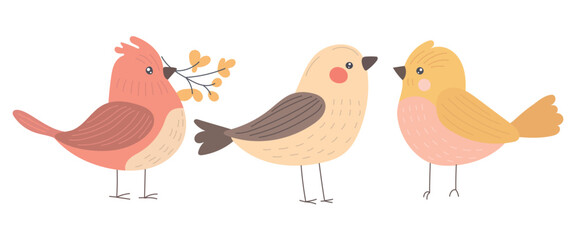Three pastel birds with warm tones and cute round shapes perched on branches, ideal for spring illustrations, children’s prints, and forest-themed decor.