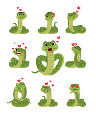 Obraz premium Set of happy funny in love snakes characters with hearts, isolated vector illustration