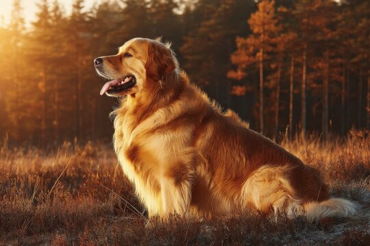 Golden retriever resting in a sunlit meadow at sunset, surrounded by autumn trees and golden grass - Powered by Adobe