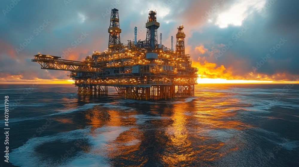 Poster a large oil rig is floating in the ocean,stock image