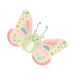 Cute pastel butterfly with heart-decorated wings and a smiling face, perfect for spring cards, baby decor, kids art, and Valentine’s designs.