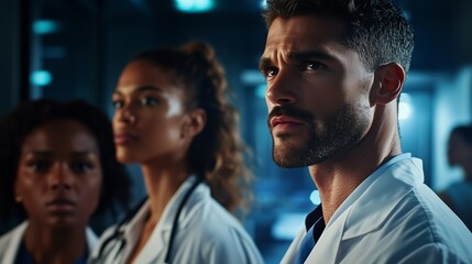 Obraz premium Medical professionals engaged in a serious discussion in a modern hospital setting during evening hours