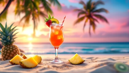 Enjoy a refreshing tropical cocktail with fresh fruit on a sandy beach at sunset, a true paradise.