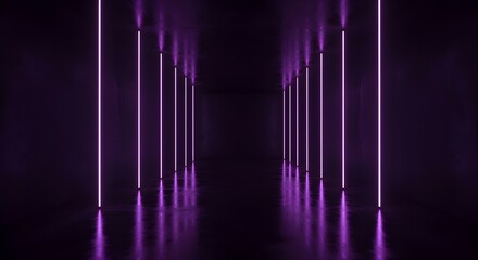 Naklejka premium A dark corridor is lit by glowing neon purple lights, creating an abstract and futuristic scene.