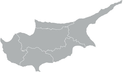 Vector map of Cyprus in gray with white borders of administrative regions. Political subdivision map, simplified and minimalistic style.