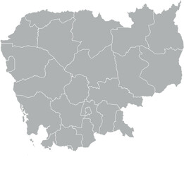 Vector map of Cambodia in gray with white borders of administrative regions. Political subdivision map in minimalist, flat style.

