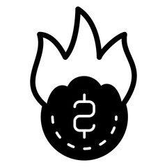 Flaming coin solid icon, coin on fire concept. Vector graphics. Money sign on white background, glyph style mobile or design.