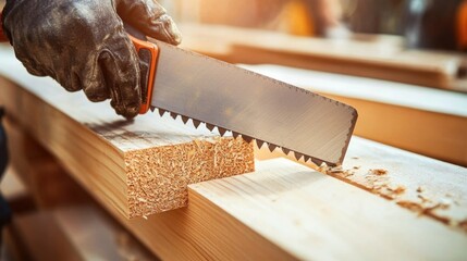 Carpenter cutting wooden beams for home construction. Featuring precise cuts and craftsmanship