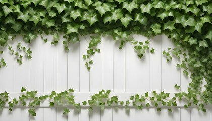 Close-up shot of a white wooden fence adorned with lush green ivy plants.
