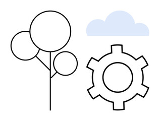Abstract tree, cloud, and gear illustrating harmony between nature and technology. Ideal for innovation, sustainability, environment, industry, collaboration, development simple landing page