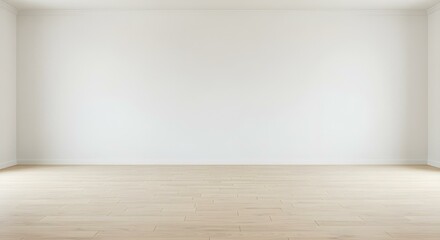 A minimalist and spacious empty room with white walls and a wooden floor, ideal for various applications.