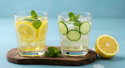 Two glasses of refreshing lemon and cucumber infused water with mint leaves and ice.