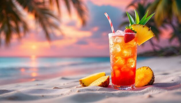 A tropical cocktail on a sandy beach at sunset, with pineapple and strawberry garnish.