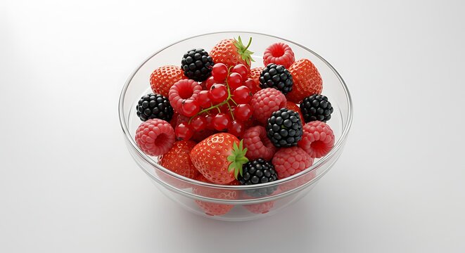 "Clear glass bowl with red fruits (strawberry, raspberry, blackberry)