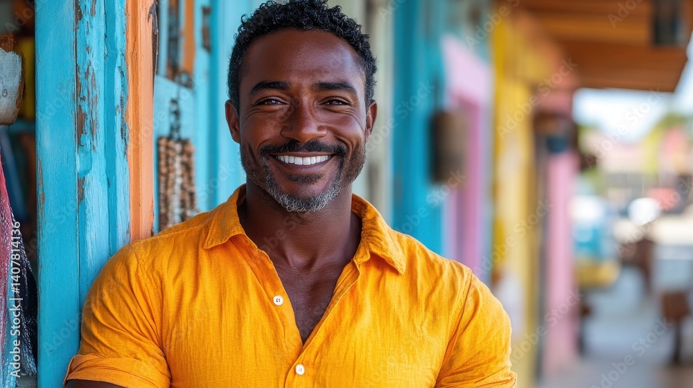 Poster a man in an orange shirt is smiling and posing for a picture the image has a warm and friendly mood 
