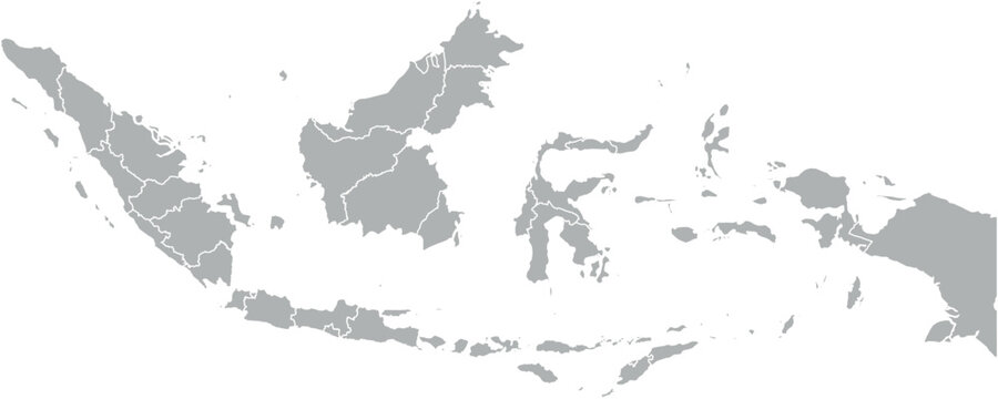 Vector map of Indonesia in gray with white borders of provinces. Minimalist political subdivision map.

