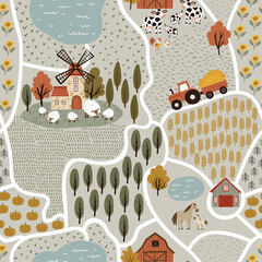 Vector seamless pattern in flat children's style with a farm map composition. Features tractor, sheep, cows, horses, sunflower fields, and trees. Perfect for kids’ designs, prints, and games.