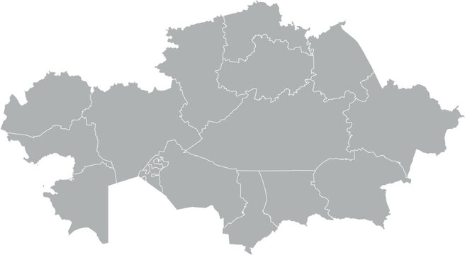 Vector map of Kazakhstan in gray with white borders of regions. Minimalist political subdivision map.

