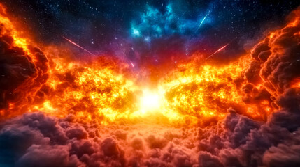 Fototapeta premium Spacecraft flying through burning nebula with meteors and colorful clouds