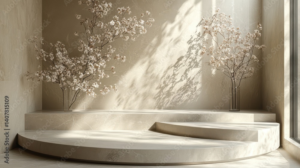 Poster a minimalist display with a round podium is adorned by delicate flowering branches soft lighting acc
