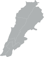 Vector map of Lebanon in gray with white borders of governorates. Minimalist political subdivision map.

