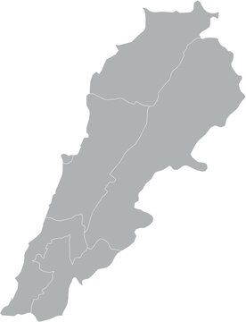 Vector map of Lebanon in gray with white borders of governorates. Minimalist political subdivision map.

