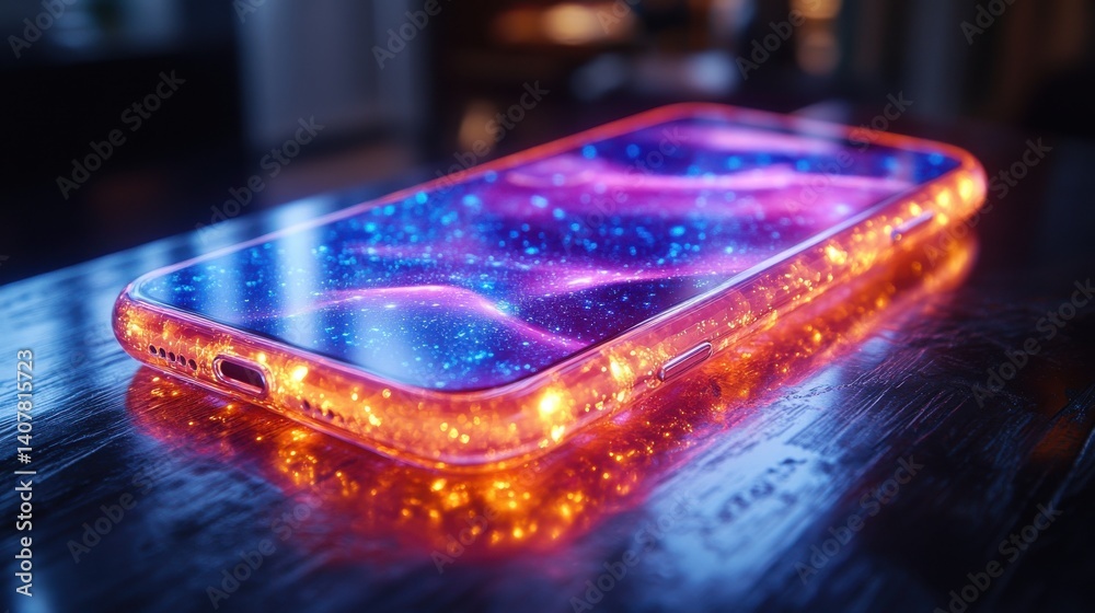 Poster a modern smartphone on a table emits a neon holographic glow generated by artificial intelligence,ph