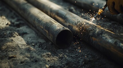 Construction worker welding metal pipes together. Featuring skill and craftsmanship