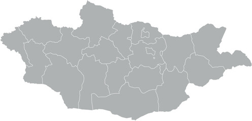 Vector map of Mongolia in gray with white borders of provinces. Minimalist political subdivision map.

