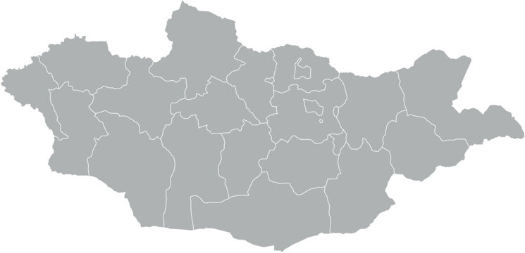 Vector map of Mongolia in gray with white borders of provinces. Minimalist political subdivision map.

