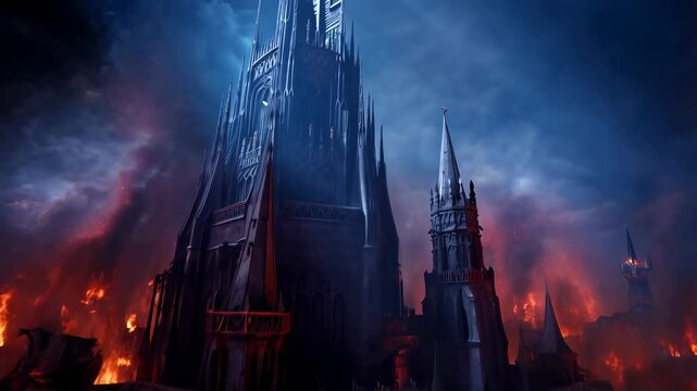 Dramatic castle siege with intense flames and dark clouds in epic fantasy scene