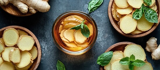 Ginger tea, sliced ginger, mint leaves, dark background, healthy drink recipe